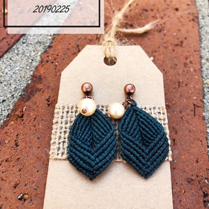Micro Macrame Leaf Earrings: Freshwater Pearl Wax Cord Jewelry