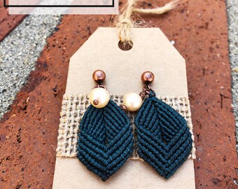 Micro Macrame Leaf Earrings: Freshwater Pearl Wax Cord Jewelry