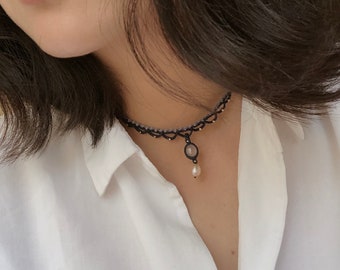 Macrame Choker: Rose Quartz, Pearl, Sterling Silver Beads