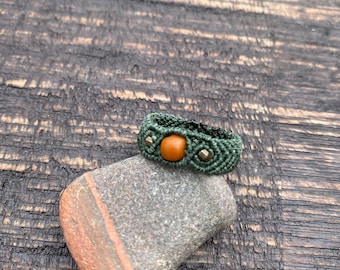 Macrame Ring: Waxed Cord with Brass & Africa Bead - Boho Style