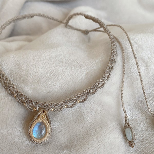 Moonstone Choker Necklace, Macrame Moonstone Pendant, Healing Crystal Necklace, Boho Spiritual Jewelry, 14k gold Beads,Gift for Her