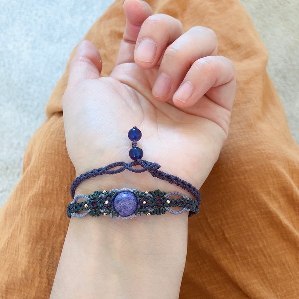 Charoite Bracelet/Micro Macrame Bracelet/ Charoite Choker/double strand bracelet/waxed cord macrame jewelry/Gift for her