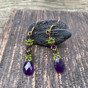 macrame earring/dangle earring/purple crystal earring/micro macrame/14k gold filled/ friendship gift/birthday stone