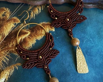 Boho Macrame Hoop Earrings with Stone and Brass Drop Handmade Fiber Jewelry，Earth color Earrings, Wedding Jewelry