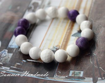 gemstone bracelet---purple sugilite and white  tridacna  stone with strong stretch cord