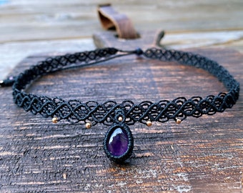 natural amethyst necklace/macrame choker/lace choker/crystal choker/Boho necklace/rosegold bead/amethyst cluster teardrop/personalized gift