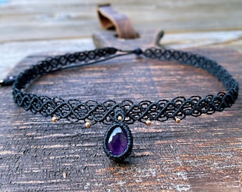 natural amethyst necklace/macrame choker/lace choker/crystal choker/Boho necklace/rosegold bead/amethyst cluster teardrop/personalized gift