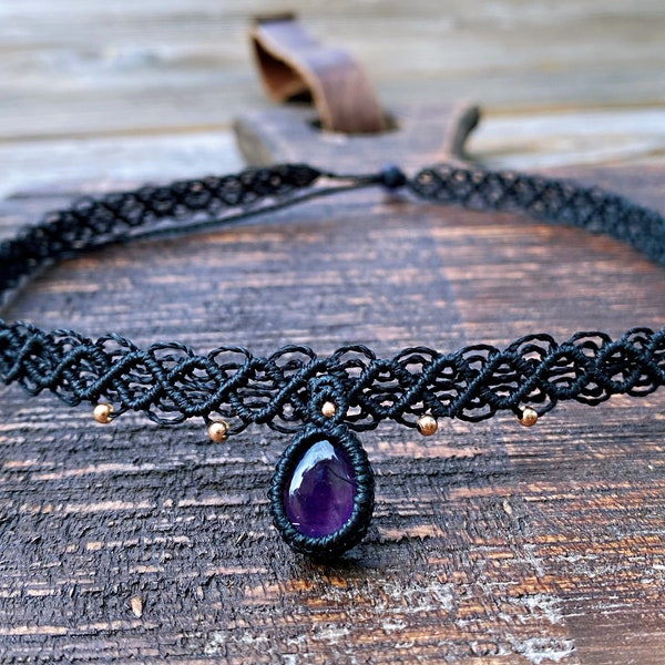 natural amethyst necklace/macrame choker/lace choker/crystal choker/Boho necklace/rosegold bead/amethyst cluster teardrop/personalized gift