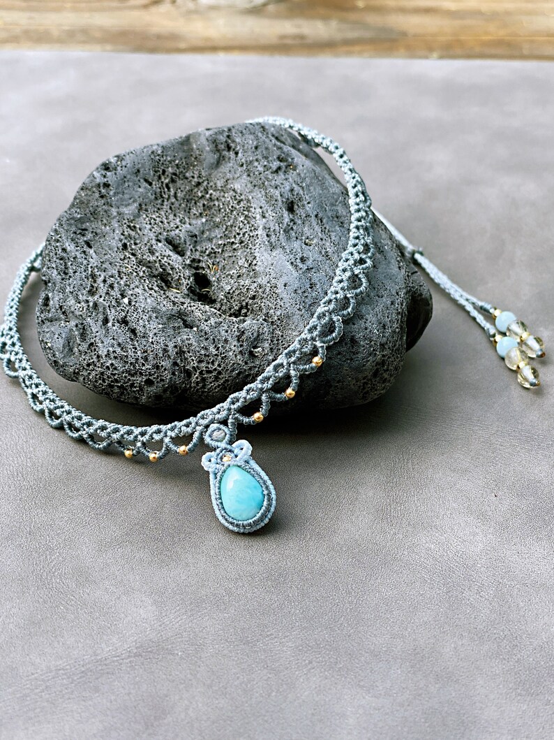 Larimar Necklace/Macrame Choker/lace choker/ gift for her/wedding necklace/dainty stone necklace/personalized gift image 2