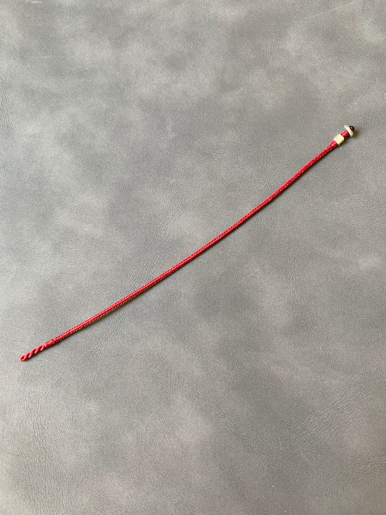 May include: A red braided cord with a white and brown bead at the end.