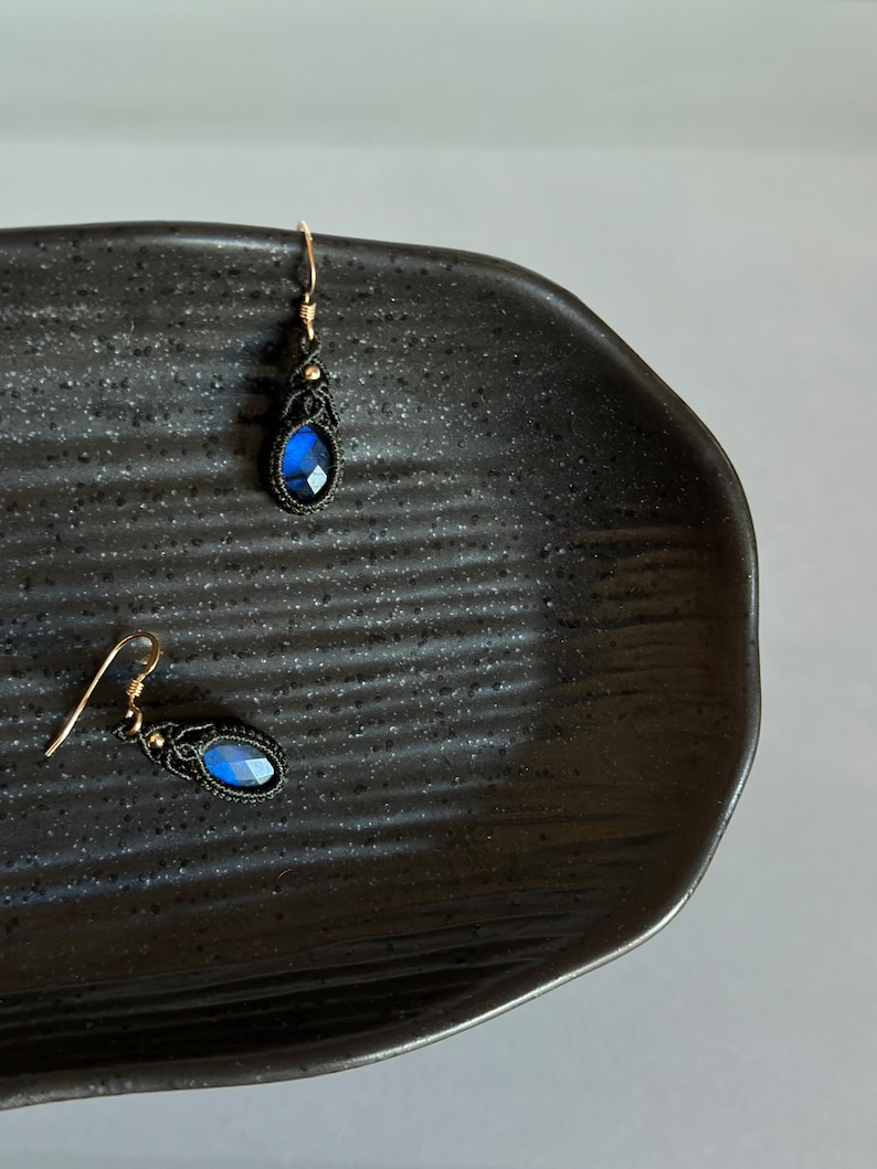 May include: A pair of earrings with blue gemstone drops and black macrame accents.