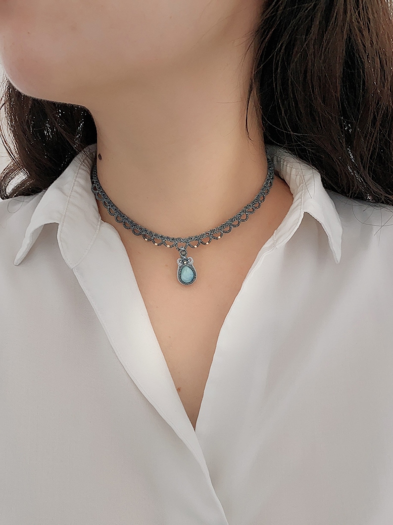 Larimar Necklace/Macrame Choker/lace choker/ gift for her/wedding necklace/dainty stone necklace/personalized gift image 9