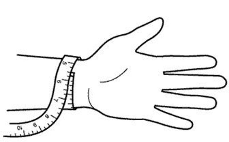 May include: A close-up of a measuring tape wrapped around a person's wrist to show how to measure for a bracelet.