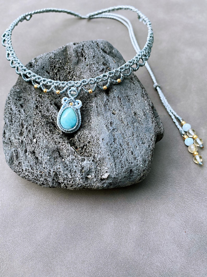 Larimar Necklace/Macrame Choker/lace choker/ gift for her/wedding necklace/dainty stone necklace/personalized gift image 1
