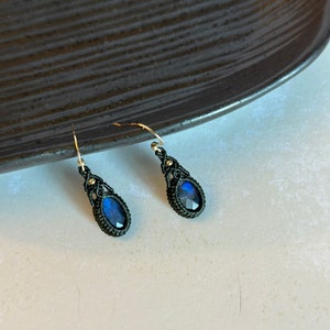 May include: A pair of dangle earrings with blue gemstone accents and black macrame detailing.