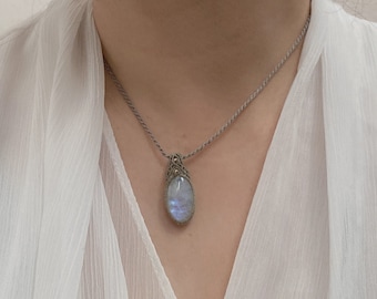 Moonstone Necklace, Macrame Crystal Pendant, Handmade Boho Jewelry, June Birthstone Gift for Her