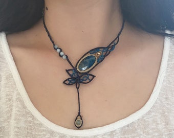 Macrame Necklace Choker with blue labradorite /wax cord macrame choker/aquamarine necklace/gemstone necklace/designe macrame jewelry