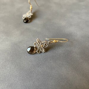 Macrame Earrings with Smoky Quartz Beads/Tear Drop Earrings/Leaf Earrings/Gift for her/Long Distance Friendship gift