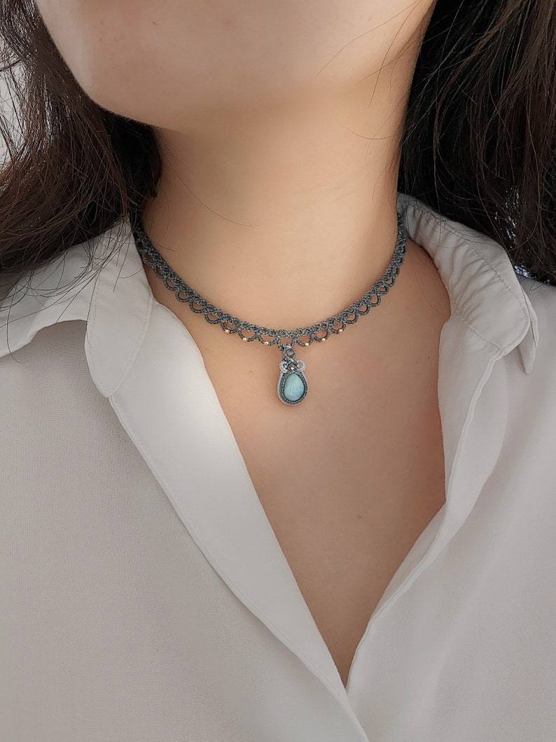 Larimar Necklace/Macrame Choker/lace choker/ gift for her/wedding necklace/dainty stone necklace/personalized gift image 10