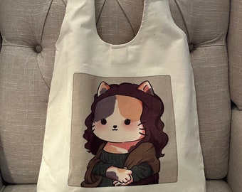Cute Cat Tote Bag - Reusable Canvas Shopping Bag | Aesthetic Everyday Shoulder Bag, Gift for Cat Lovers | World famous painting as cats