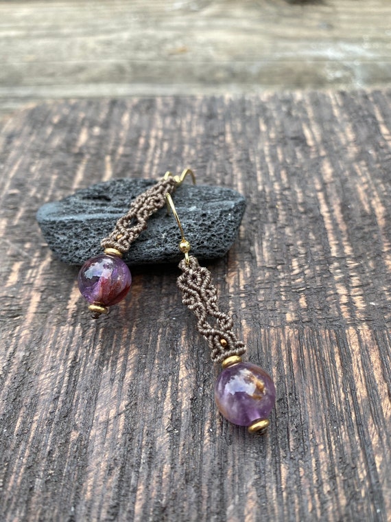 Amethyst Bead Macrame Earrings: 14k Gold-Filled Boho Knot Earrings