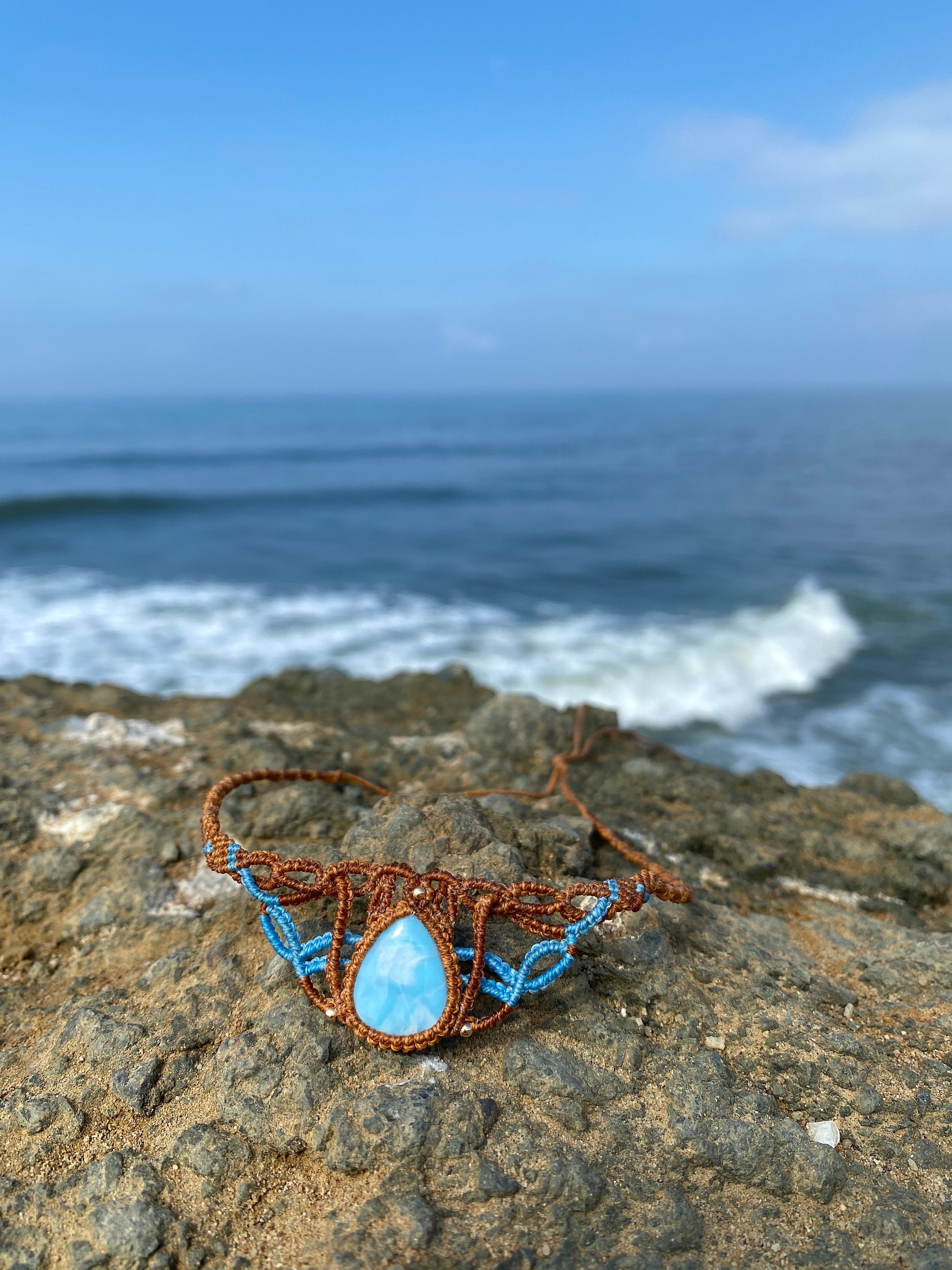 Larimar Macrame Choker: Handmade Woven Necklace with 14k Gold Beads