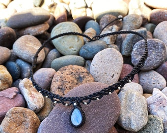 Handmade Macrame Moonstone Choker – Boho Necklace with Sterling Silver Beads, Adjustable Black Cord Jewelry, Artisan Gemstone Necklace