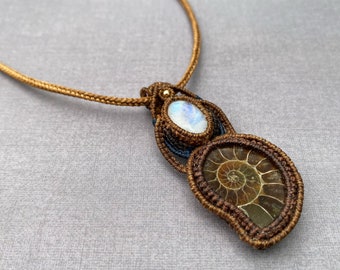 Micro Macrame Ammonite Necklace: Moonstone Boho Pendant