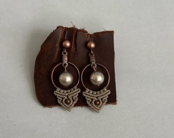 Handmade Macramé Pearl Earrings: Bronze Boho Dangle Jewelry