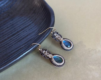 Handmade Macrame Labradorite Earrings: 14k Gold Filled Boho Jewelry