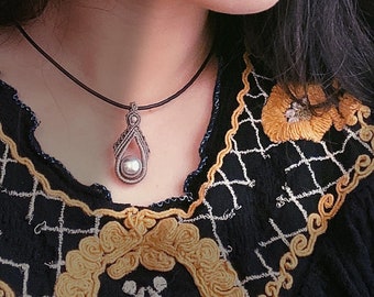 Macrame Swarovski Pearl Drop Necklace: Boho Leather Cord Choker