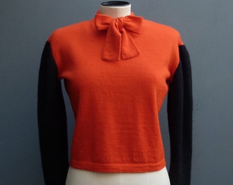 Vintage 1960s Fine Knit Sweater Colour Block Jumper Orange Black Wool Pullover Pin Up 60s 50s