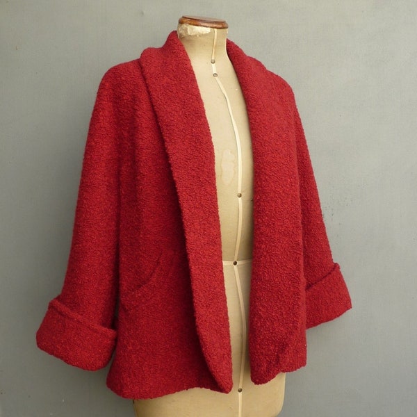 Vintage 1950s Jacket Boucle Wool Teddy Coat Red Jigger Swing Overcoat 40s