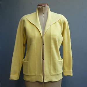 RARE Original Vintage 1950s Knitted Cardigan Jacket Yellow Wool Shawl Collar 50s