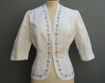 Vintage 1930s Embroidered Peasant Blouse Jacket White Cotton 1940s 40s WW2 Deco Bohemian Folk Style