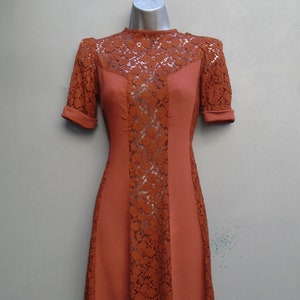 Superb 1940s Vintage Dress WW2 Rust Crepe Lace 40s Utility Era