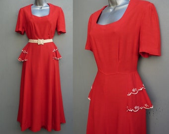 Vintage 1950s Red Rayon Dress Home Made Hand Embroidered Floral Scalloped Peplum