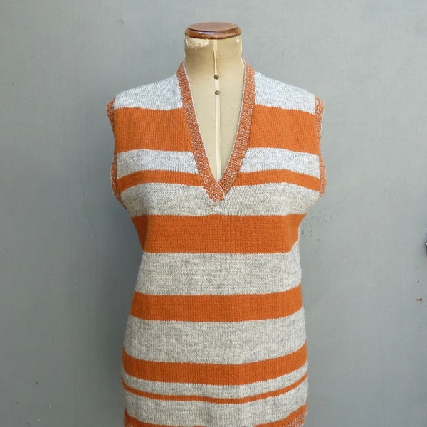 Vintage 1970s Knitted Striped Slipover Vest Grey Orange Wool Sleeveless Jumper Sweater Tunic 70s