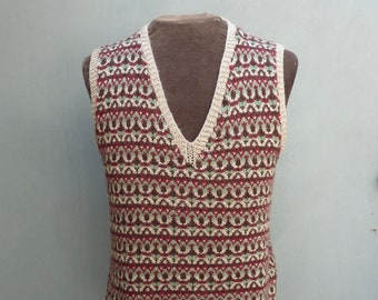 Vintage Hand Knitted Fair Isle Slipover Sweater Vest Green Brown Burgundy 1970s 1980s 1940s WW2 1950s Fairisle Tank Top