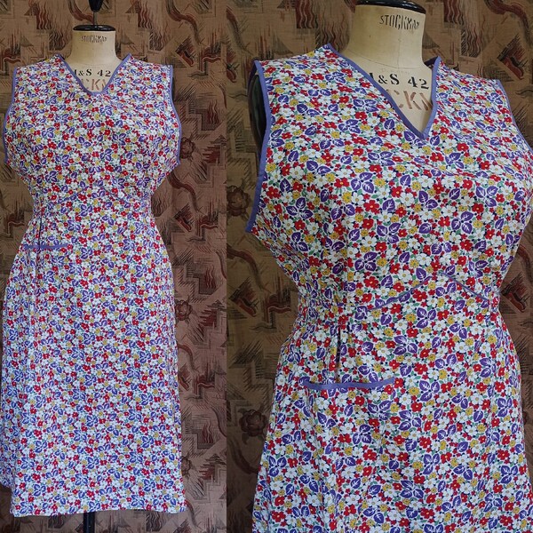 Vintage CC41 1940s Overall Smock Pinafore Full Apron Novelty Print Pinny Sun Dress 40s Deadstock