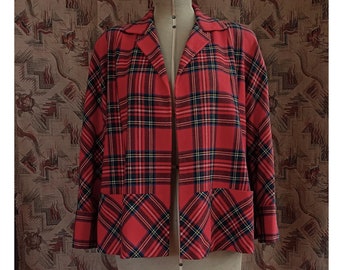 Original Vintage 1950s Jacket Wool Red Royal Stewart Tartan Plaid Checked Dolman Swing Jacket 50s