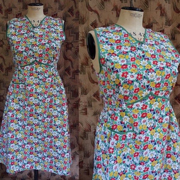 Vintage CC41 1940s Overall Smock Pinafore Full Apron Novelty Print Pinny Sun Dress 40s Deadstock