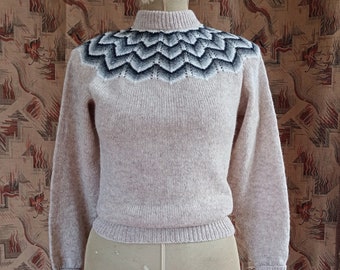 Vintage 1980s 50s 40s Style Shetland Wool Jumper Sweater Beige Natural Fair Isle Knitwear NOS Deadstock