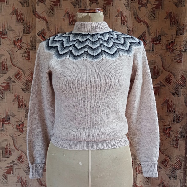 Vintage 1980s 50s 40s Style Shetland Wool Jumper Sweater Beige Natural Fair Isle Knitwear NOS Deadstock