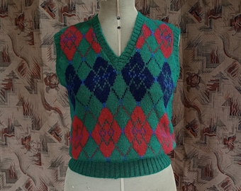 Vintage 1980s Knitted Fair Isle Slipover Argle Sweater Vest Green Wool Sleeveless Jumper 80s