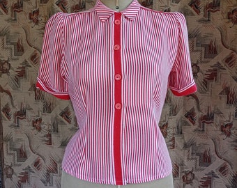 Superb Vintage CC41 Blouse 1940s Red White Stripe Shirt Short Sleeved Sleeves 40s