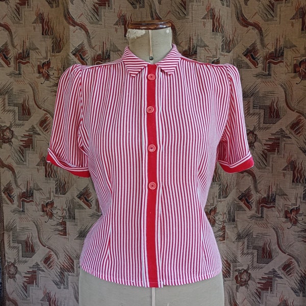 Superb Vintage CC41 Blouse 1940s Red White Stripe Shirt Short Sleeved Sleeves 40s