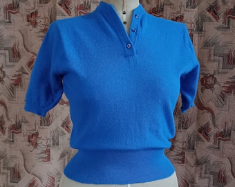 Vintage 1950s Knitted Blue Sweater Short Sleeve Jumper Top Pure Wool 40s 50s 1940s