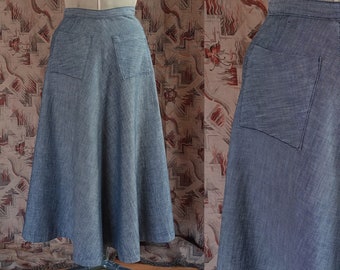 Vintage 1940s 50s Skirt Grey Cotton Twill Lightweight Denim High Waist Patch Pockets Flared 40s 1950s