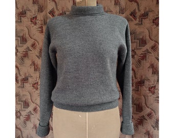 Vintage Hand Knitted Jumper Sweater Roll Turtle Neck Grey Brown 1960s 60s